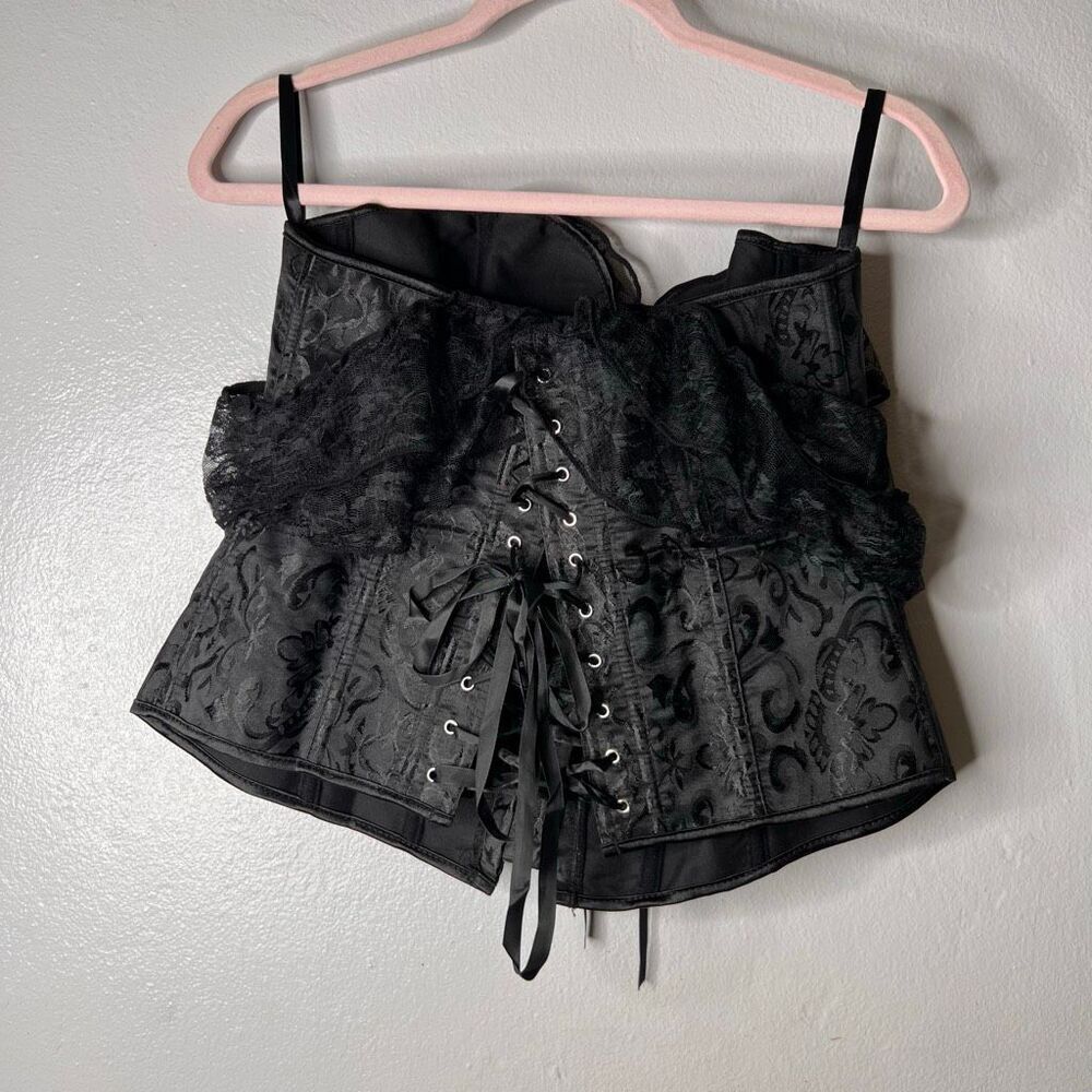 This is a black floral lace off-shoulder overbust corset bustier top